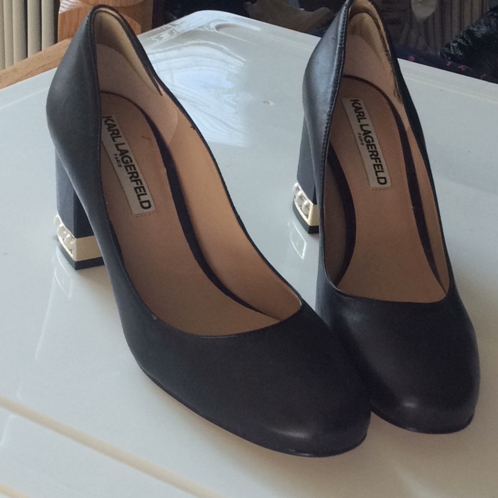 Karl Lagerfeld Black Shoes pearled heels size 7.5 - Picture 8 of 10